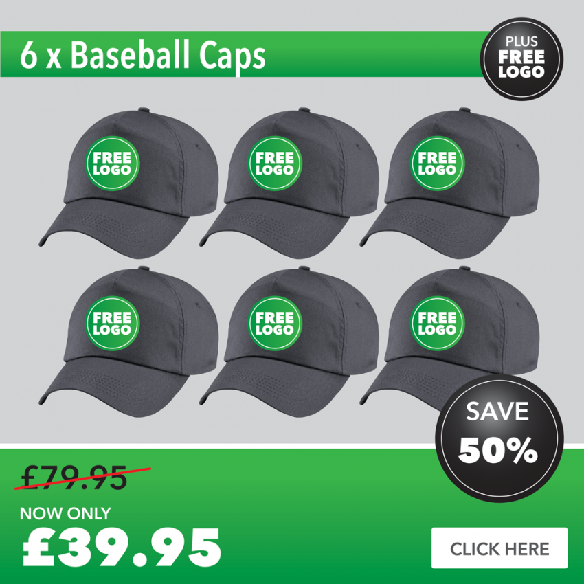 6 x Baseball Caps with FREE PRINTED LOGO TO FRONT