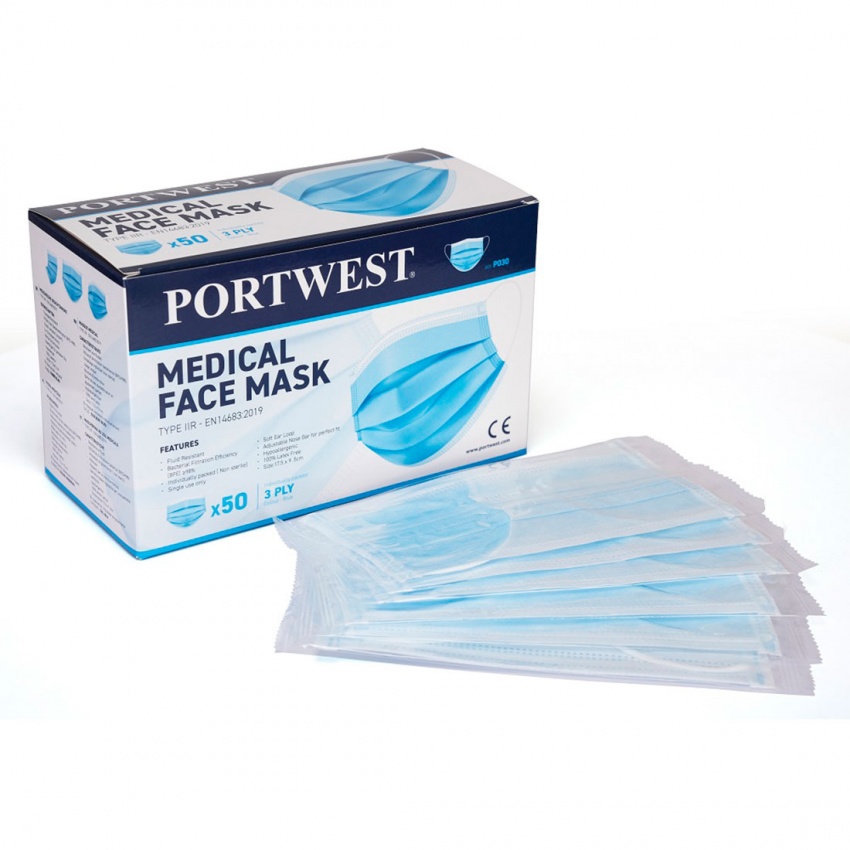 Medical Mask Type IIR Blue (Box of 50 - Individually Wrapped)