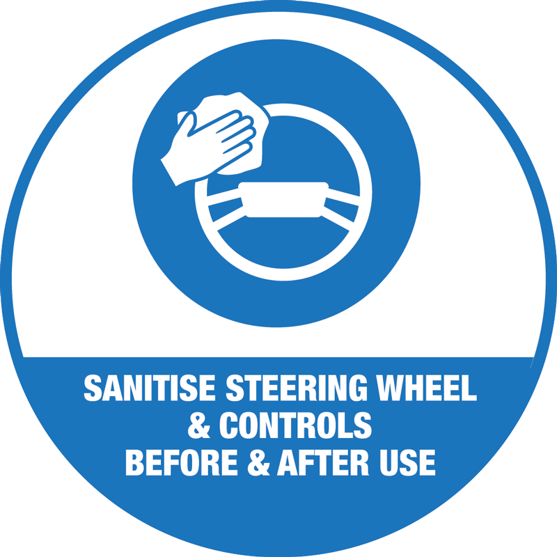 Forklift/Tractor/Van Sanitise Controls Sticker 100mm Round - 10 Pack